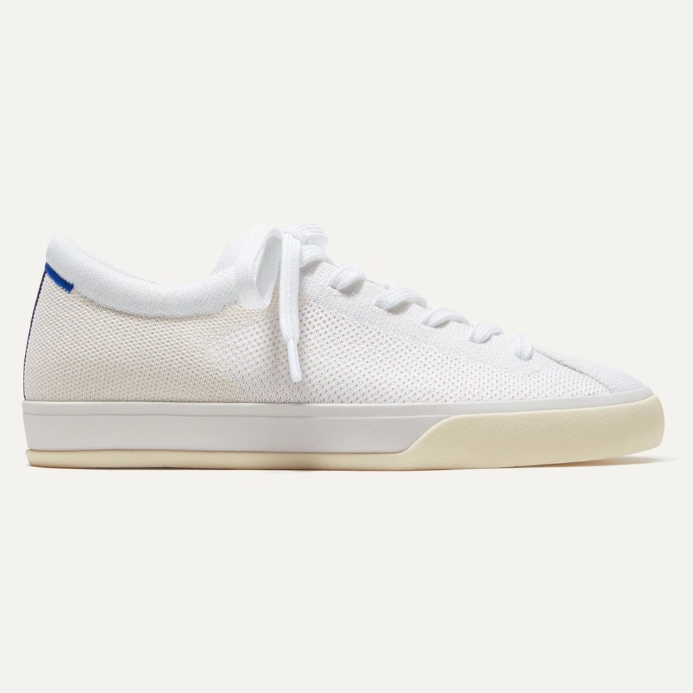Rothy's White Low-Top Lace-Up Sneakers with Cream Sole and Blue Heel Tab